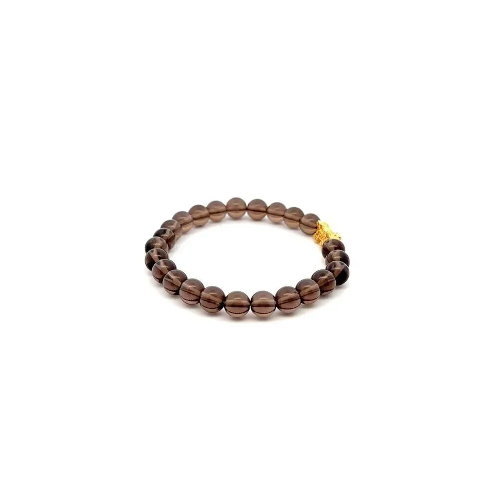 18K Gold Dragon Pixiu Piyao Lucky Charm Bracelet Gemstones Smoky Quartz 6mm - Picture 4 of 5